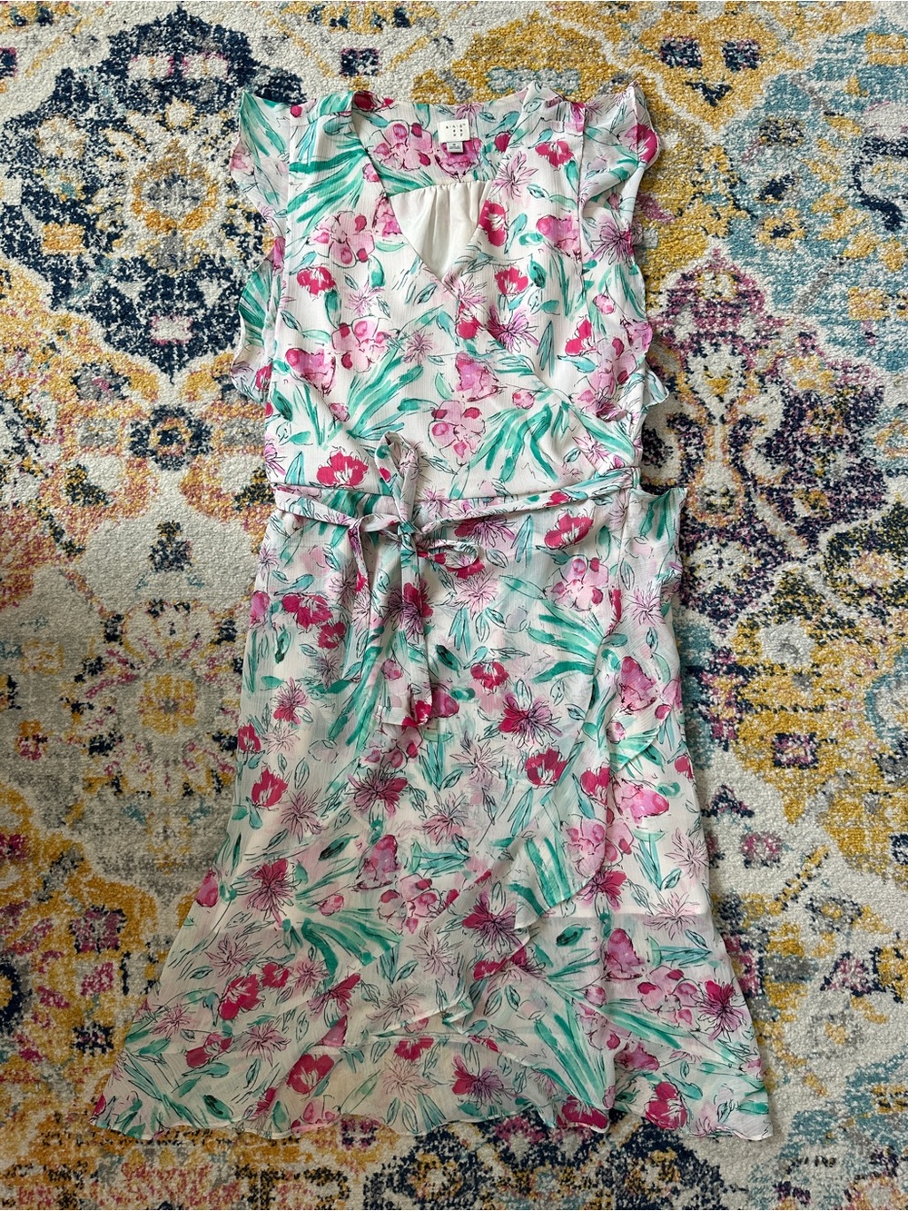 A New Day Floral Flutter Sleeve Chiffon Tie Waist Midi Dress Small Pink Green